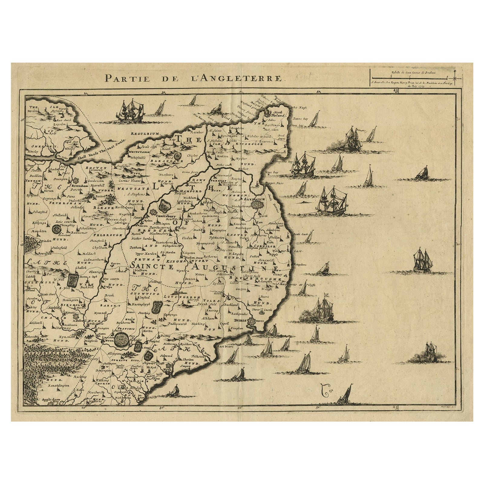 Uncommon Antique Map of the English Channel Coastline, ca.1709