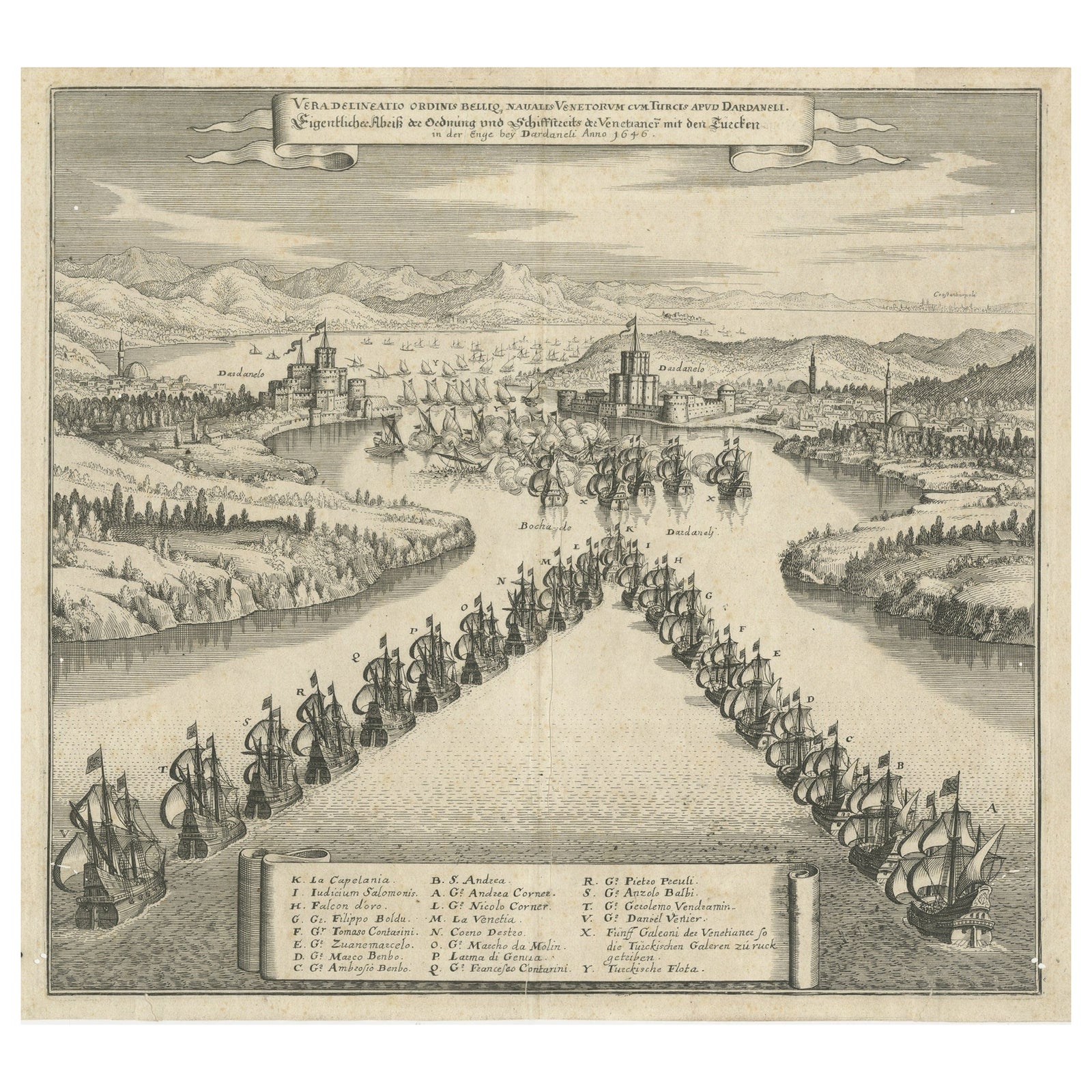 Copper Engraving by Merian of The Battle Fleet off Constantinople, 1646