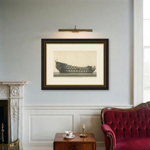 Antique Print with a Side View of the 'Royal Charles' Vessel by Newton '1796', shown framed on a wall