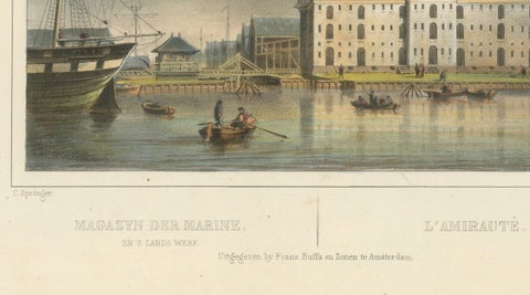 Antique View of Amsterdam Naval Arsenal, Hand-Colored Lithograph c.1850, close-up 2