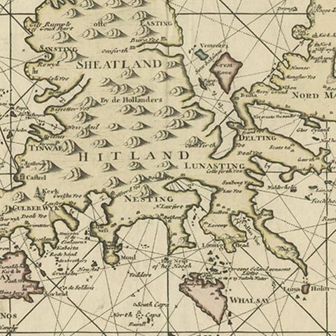 Shetland Islands Sea Chart, Antique Nautical Map by Ottens Brother c.1745, close-up 2