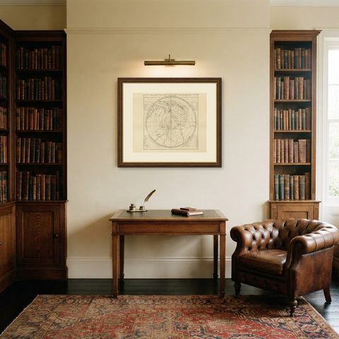Antique Chart of the Southern Pole, Showing Three Routes of Captain Cook, 1803, shown framed in a room