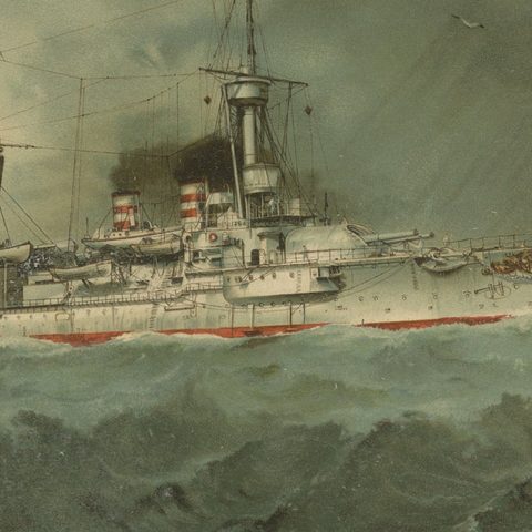 SMS Wörth: German Pre-Dreadnought Battleship in Stormy Seas, 1903 Chromolitho, close-up 5
