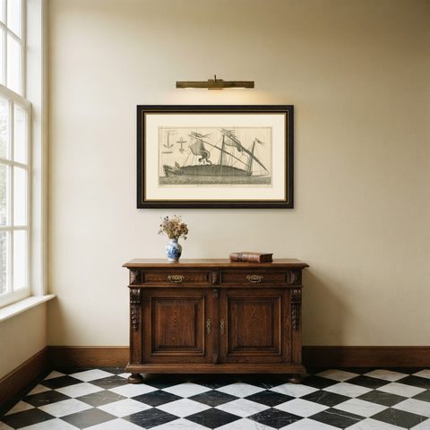 La Réale French Royal Galley, Large Naval Engraving, c.1769, shown framed in a room