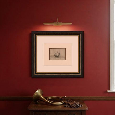 Antique Print of a Chinese Sailing Ship, 1840, shown framed on a wall