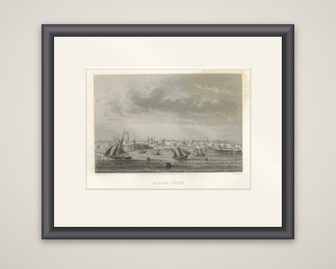 Antique Engraving of Buenos Aires, City and Harbor View, 1867, shown framed
