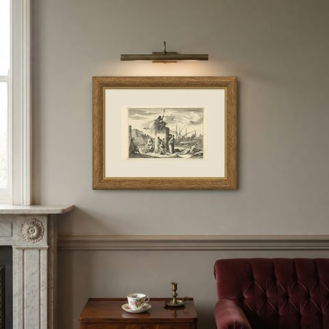 Antique Untitled Harbour View 'I' by J. Wolff, circa 1730, shown framed on a wall