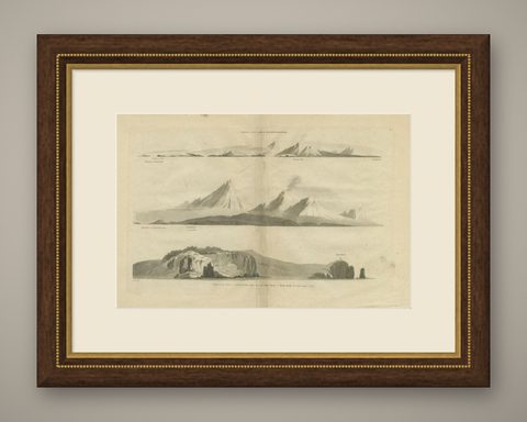 Antique Print with Coastal Views of Kamchatka in The Russian Far East, c.1784, shown framed