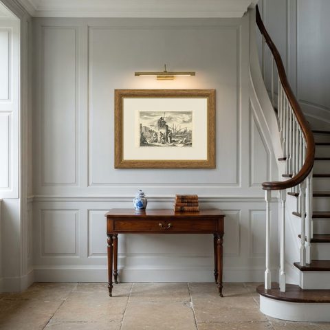 Antique Untitled Harbour View 'I' by J. Wolff, circa 1730, shown framed in a room