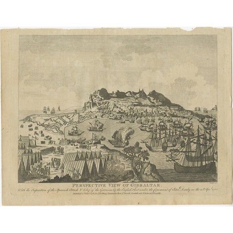 Antique Print of Gibraltar Showing the Spanish and English Fleet, 1782, view 2