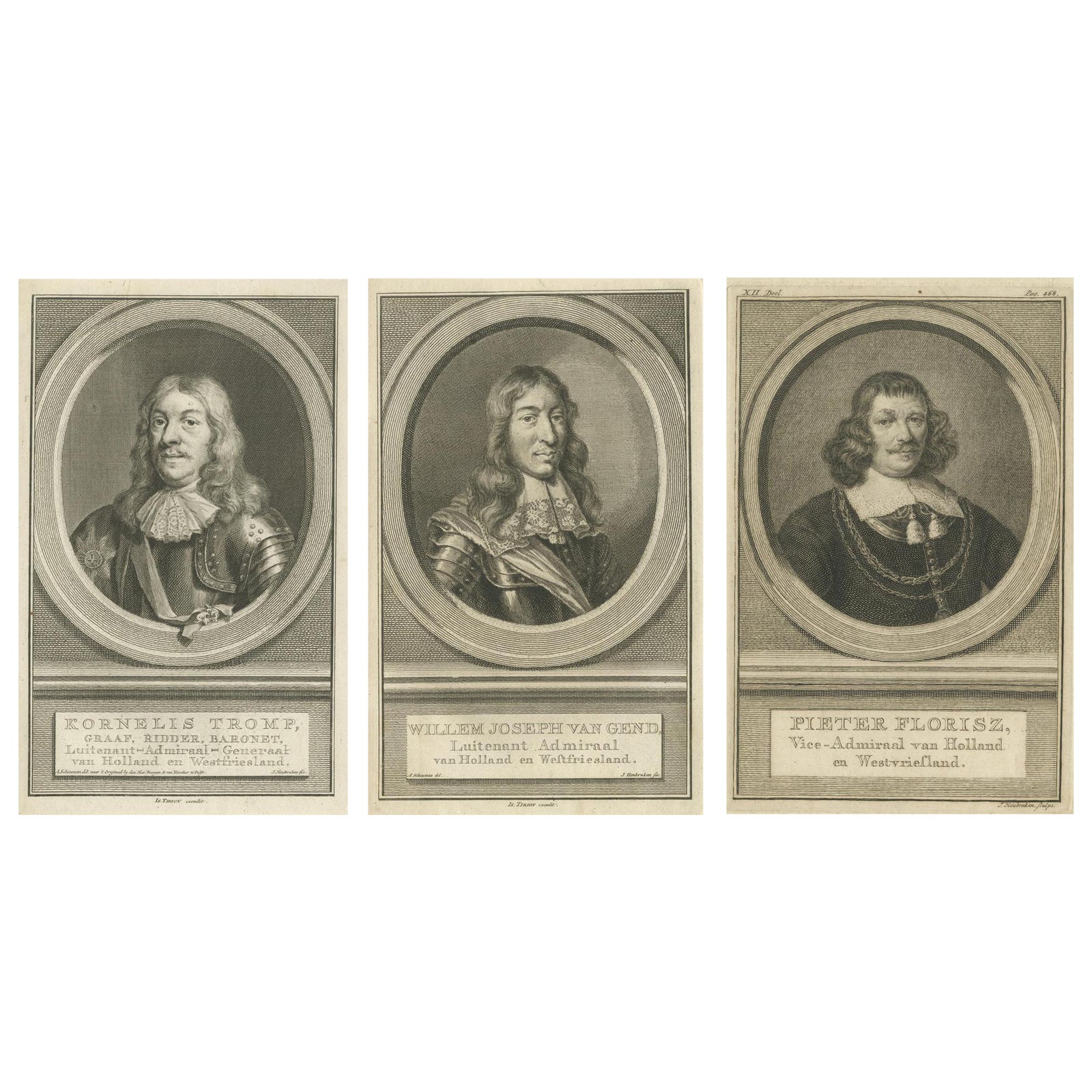 Set of Three Dutch Naval Portraits, Tromp, Van Ghend, and Florisz, c.1700s