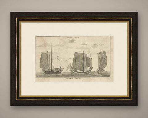 Antique Print of Chinese Vessels by Anson, '1749', shown framed