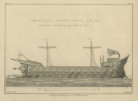 Original Antique Print of an Ancient Galley, 1802, close-up 1