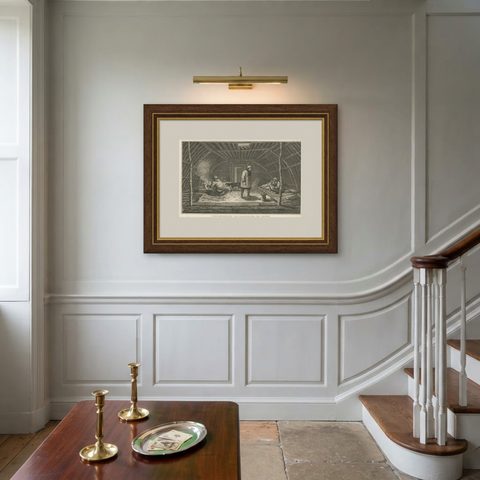 Interior of Winter House, Kamchatka, Cook Voyage Engraving c.1803, shown framed on a wall