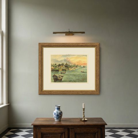 Antique Chromolithograph of Coastal Cameroon with Boats and Settlement, ca. 1890, shown framed on a wall