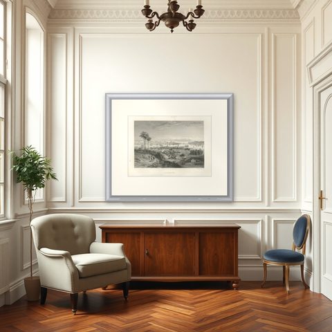Rare Antique Engraving, Valparaíso, Chile Harbor and City Scene, 1867, shown framed in a room