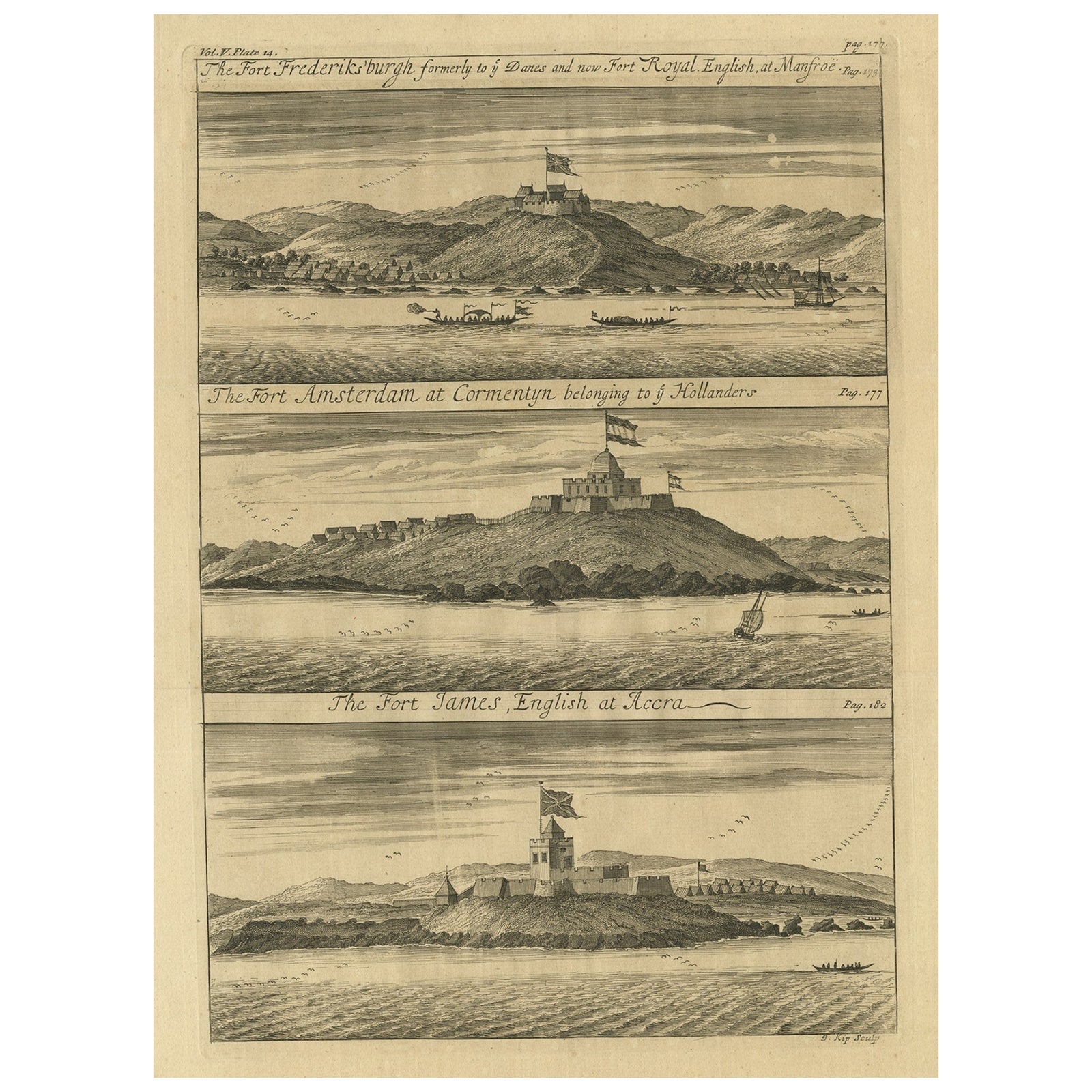 Copperplate Engraving Showing Forts on the West African Gold Coast, Ghana, 1744