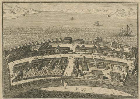Dejima (Desima) Dutch Trading Post, Nagasaki Japan, VOC Engraving, 1736, close-up 1