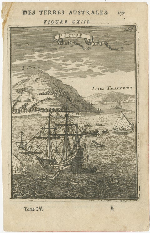 Antique Engraving Cocos Island, Maritime Scene, Manesson Mallet, 1683, view 2
