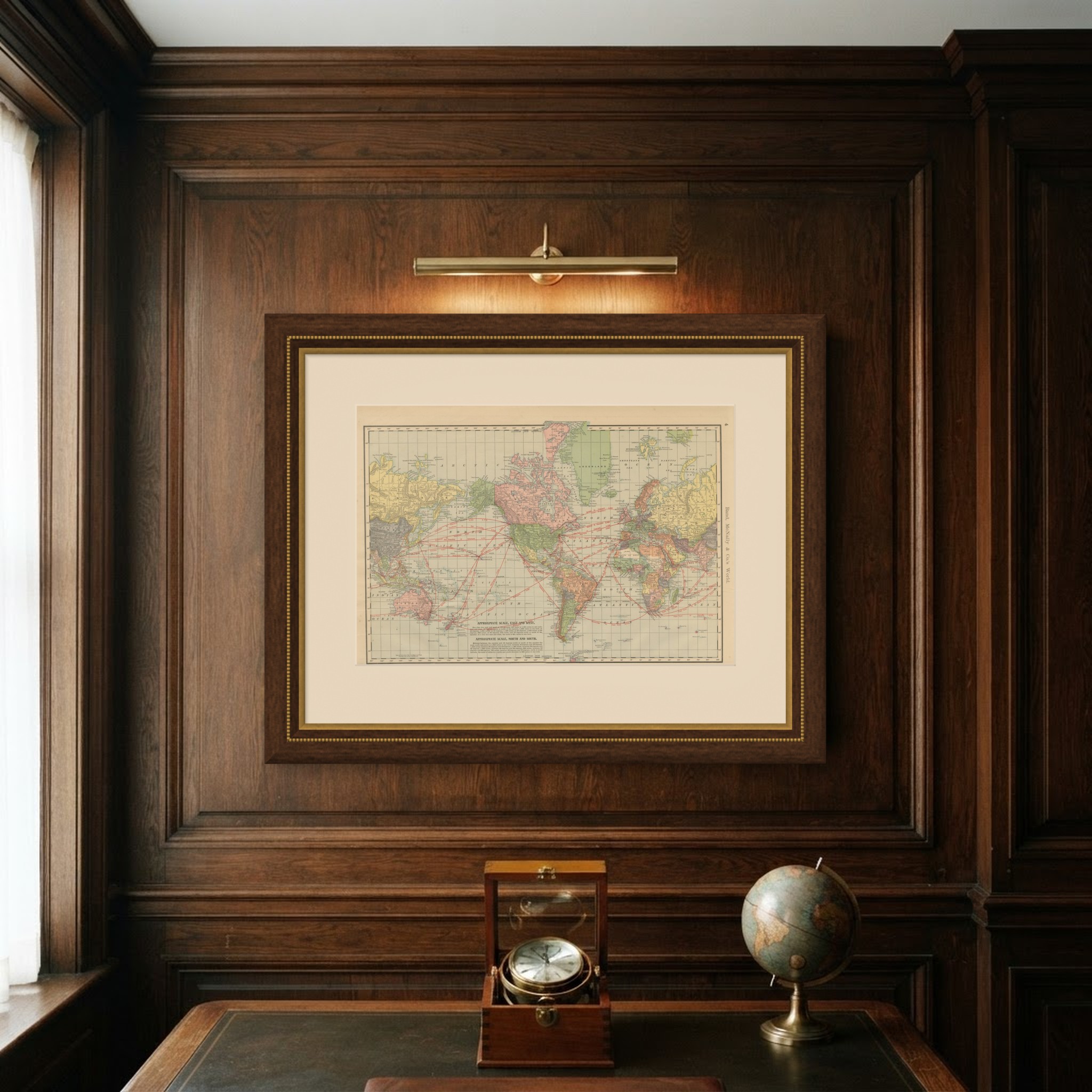 Antique Map of the World, with Steamship Routes, Rand McNally, 1899, shown framed on a wall
