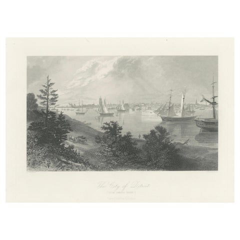 The City of Detroit, View from Canadian Shore, Antique Harbor Engraving, c.1872