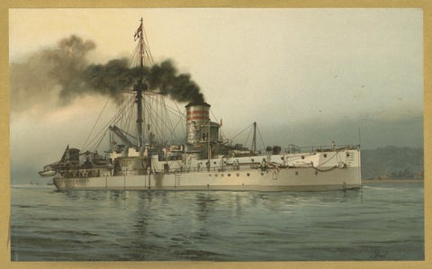 SMS Württemberg: German Coastal Defense Ship in Chromolithograph by Hugo Graf, close-up 2