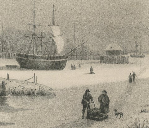 Amsterdam View with Ships and Ice Skaters, Vue d’Amsterdam, circa 1850, close-up 2