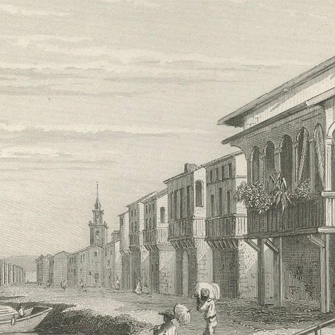 Antique Engraving of Guayaquil, Waterfront and Harbor City View, 1867, close-up 5