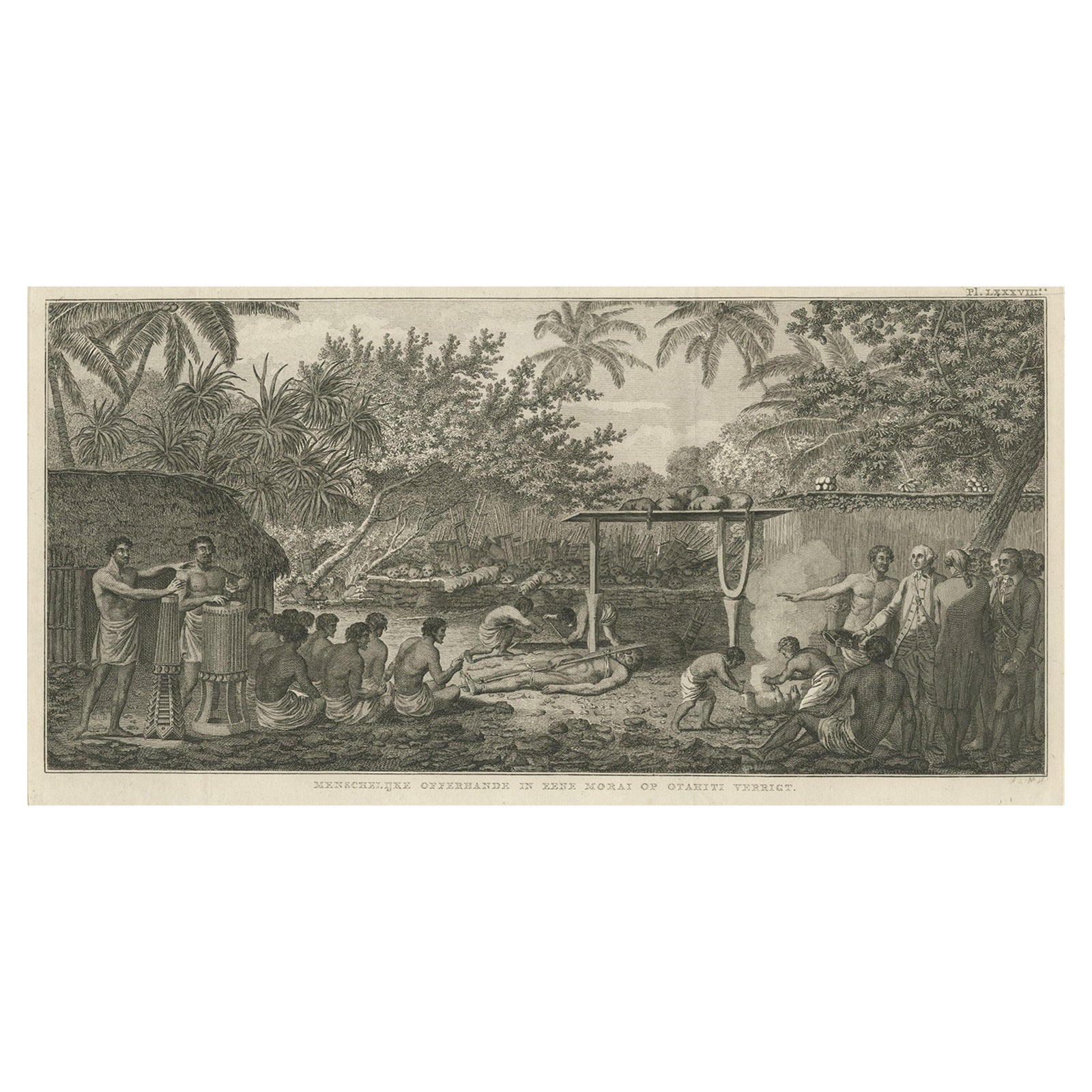 Human Sacrifice in a Morai, Tahiti, Cook Voyage Engraving c.1795