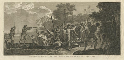 Capt. Cook Aiming His Gun Near Islands of the New Hebrides, Vanuatu, 1803, close-up 1