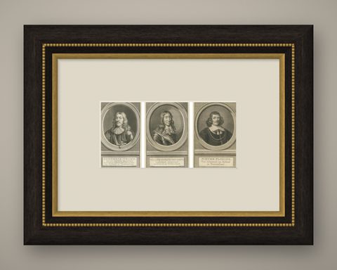 Set of Three Dutch Naval Portraits, Tromp, Van Ghend, and Florisz, c.1700s, shown framed