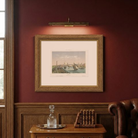 Original Antique Print of the Port of Calais, France, ca.1860, shown framed on a wall