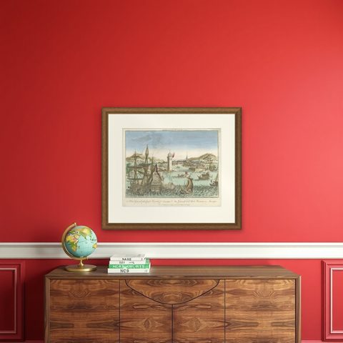 Hand-Colored Vue d’Optique of the Harbour of Havana, Cuba, circa 1770, shown framed on a wall