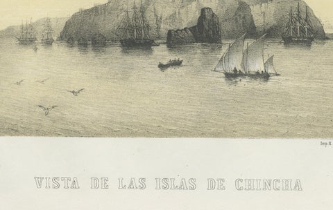 Chincha Islands Antique Lithograph 1865, Map & Coastal Scene, Peru, close-up 1