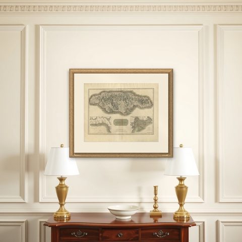 Jamaica Map by John Thomson, Kingston & Port Royal Harbors, c.1817, shown framed on a wall