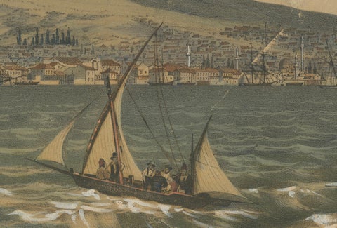 View of the Dardanelles: Fortified Hill and Ships, Hand-Colored Lithograph, 1840, close-up 3
