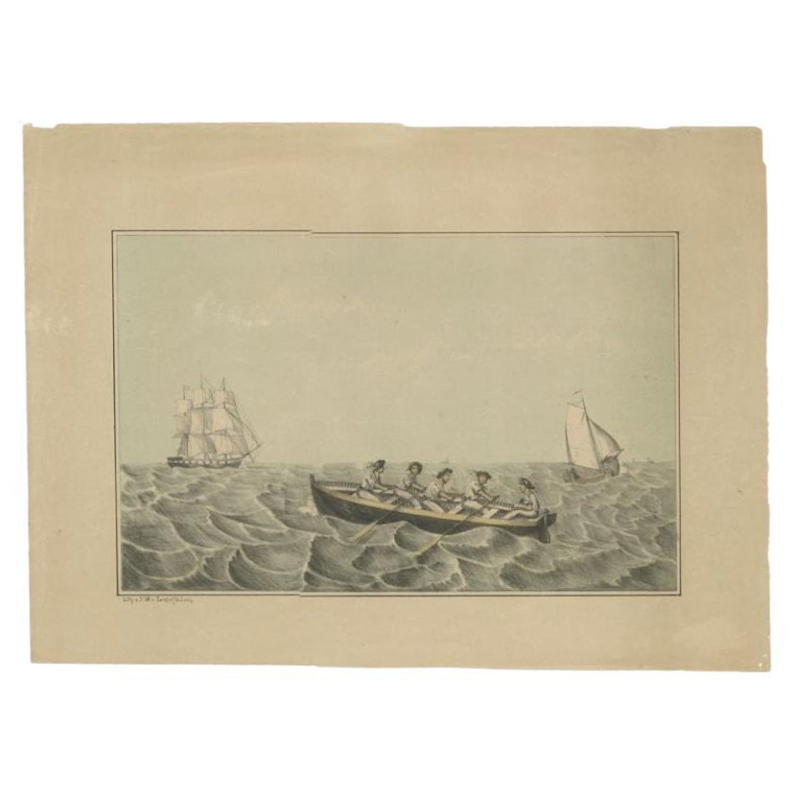 Antique Print of Ships and a Rowing Boat in Old Handcoloring, circa 1880