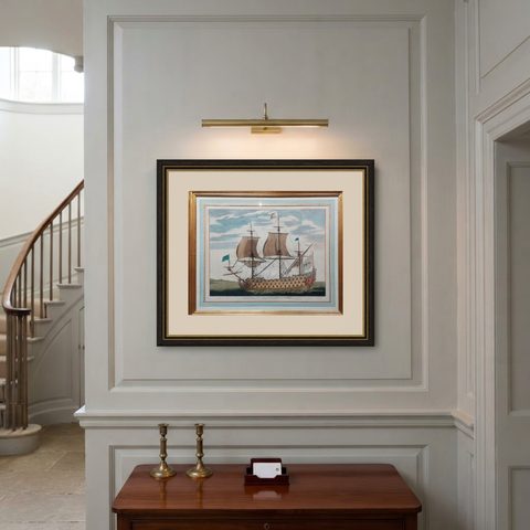 Antique Print of a Naval Vessel by Mortier '1695', shown framed on a wall