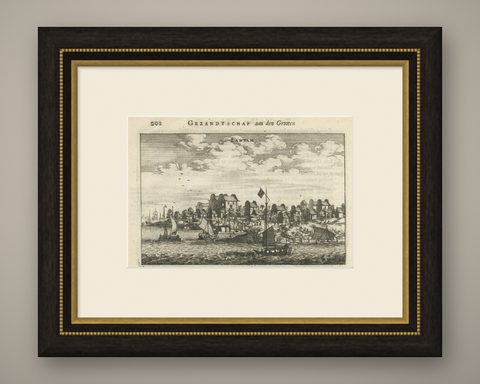 Antique Print of Chinese Vessels Near Lantam, China, 1665, shown framed