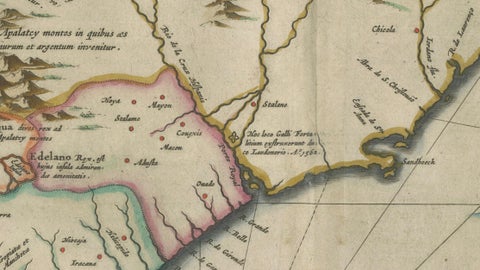 Blaeu Virginia and Florida Map, Decorative Early America Chart, 1642, close-up 5