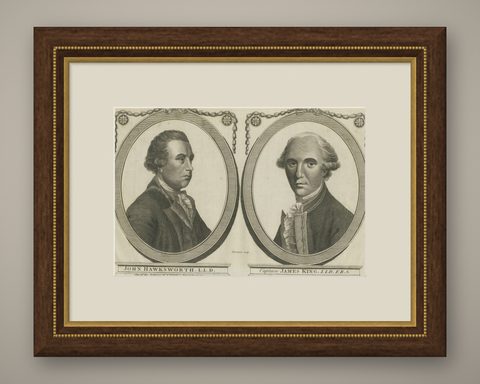 Engravings of Hawkesworth & Captain James King: Chroniclers of Capt. Cook, 1784, shown framed