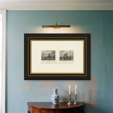 Hand-Colored Engravings of Dutch Maritime Scenes: Amsterdam and River Dort, 1830, shown framed on a wall