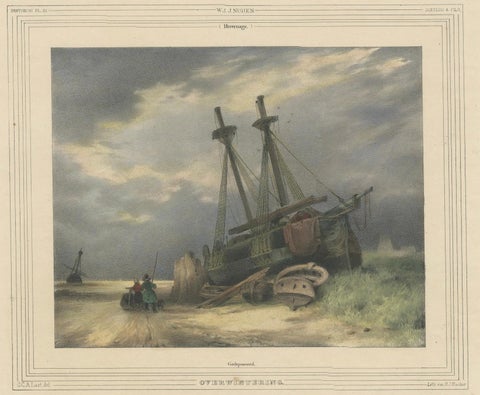 1835 Hand-Colored Lithograph: Stranded Ship in Winter Landscape, close-up 2