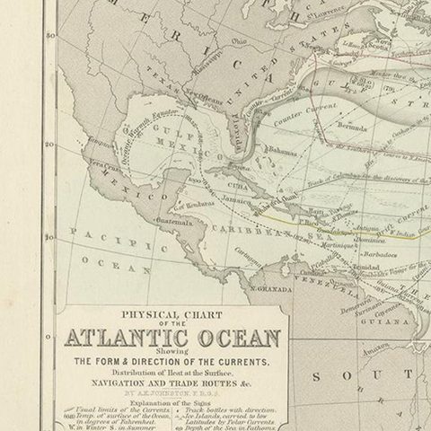 Antique Physical Chart of the Atlantic Ocean by Johnston '1850', close-up 1