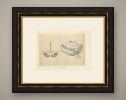 Antique Print of a Japanese Junk Cross Section, 1856, shown framed
