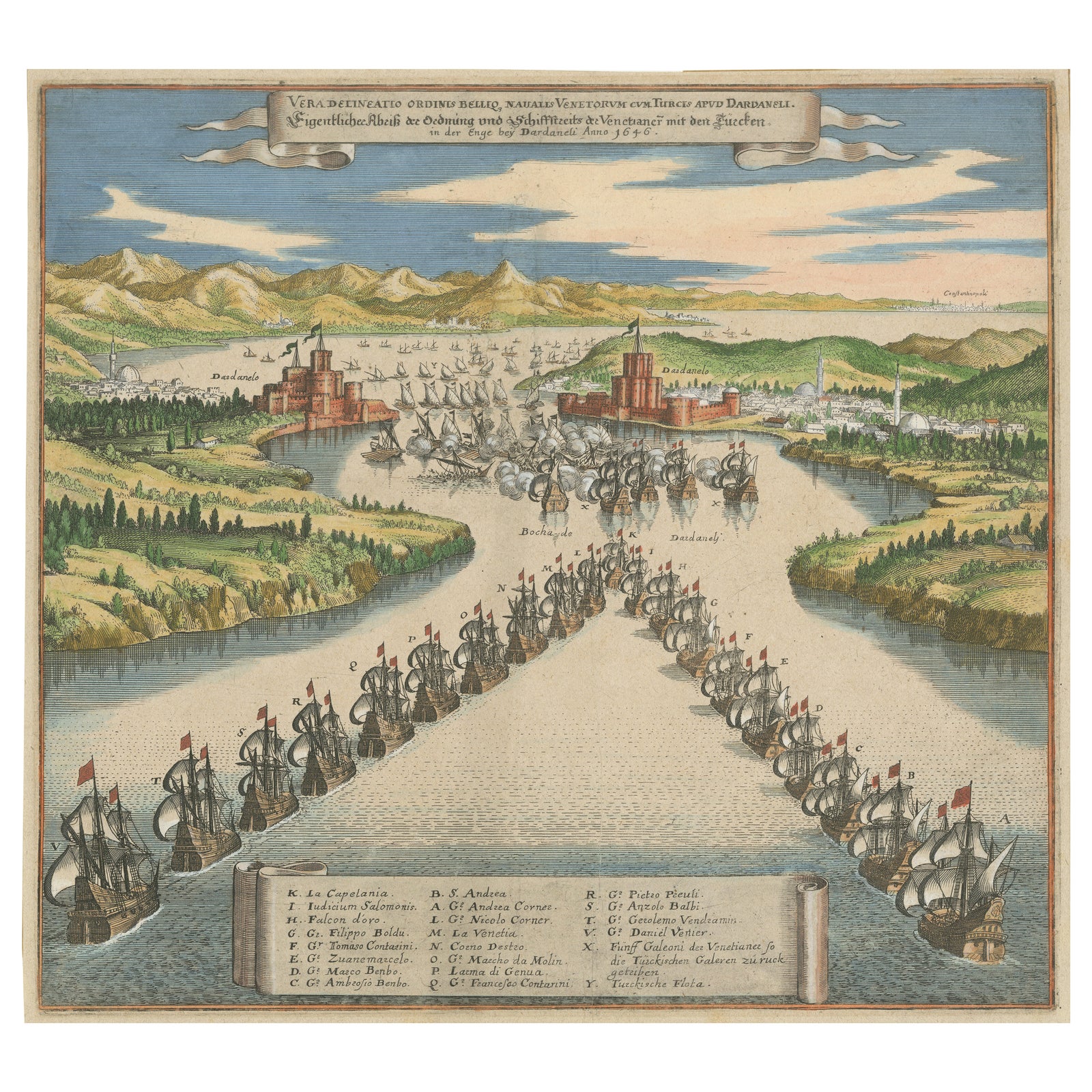 Venetian Fleet vs. Ottoman Turks, Dardanelles Naval Battle Engraving, 1656