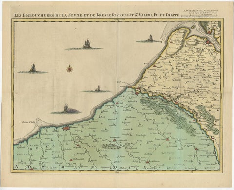 Beautiful Antique Map of the French Coast, from St. Valeri to Dieppe, 1720, view 2