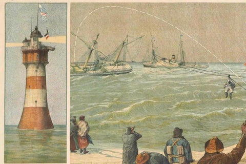 Large Lighthouse Rescue Schoolplate, Josef Klemm Chromolithograph, c.1900, close-up 6