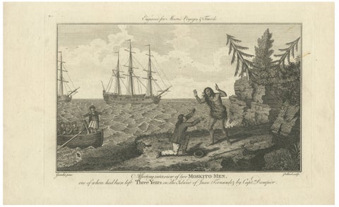 Moskito Men Reunion, Juan Fernandez Island, Dampier Voyage Engraving, ca.1789