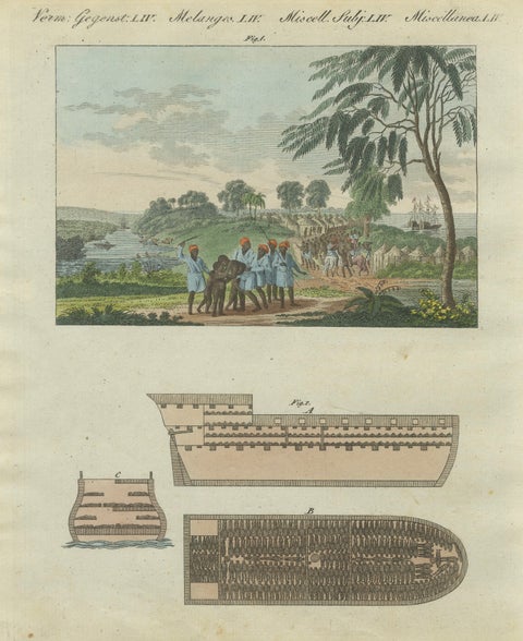 Bertuch African Slave Trade & Slave Ship Engraving, 1805, close-up 1